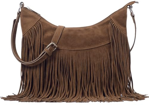 Sunwel Fashion Borsa a tracolla da donna con frange, stile western, in pelle scamosciata, vegana, con nappe, hippie, Caffè