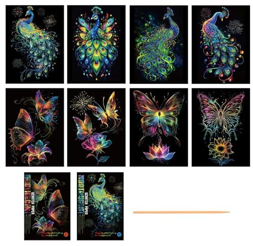 WOUYTPE 8 Pièces Kit de Peinture à Gratter, Carte a Gratter Enfant, Scratch Paper Rainbow Painting, Convient Aux Cadeaux de Bricolage pour les Enfants et les Adultes, Noël (Papillon + Paon)