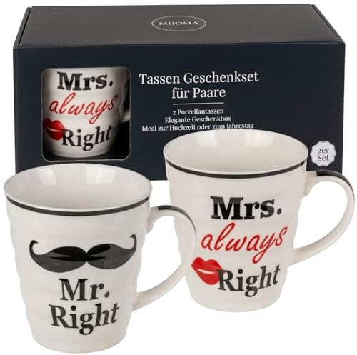 MIJOMA Set di 2 tazze Mr. Right & Mrs. Always Right – Set di tazze in porcellana da 330 ml, divertenti tazze da caffè per coppie, matrimonio o San Valentino
