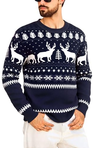 Marvmys Jersey Navideño Hombre Invierno Suéter Cuello Redondo | Jersey navideño con copos de nieve, cuello redondo y diseño cómodo para fiestas de Navidad y uso diario en invierno.