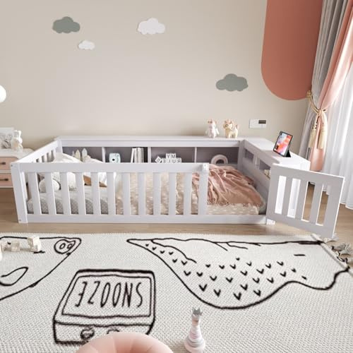 PUGSDRLY Lit Cabane Enfant 90x200cm avec Barriere et Espace de Rangement,Lit Montessori au Sol avec Sommier à Lattes,Cadre en Bois Massif pour Enfant,sans Matelas (Blanc, 90-B)