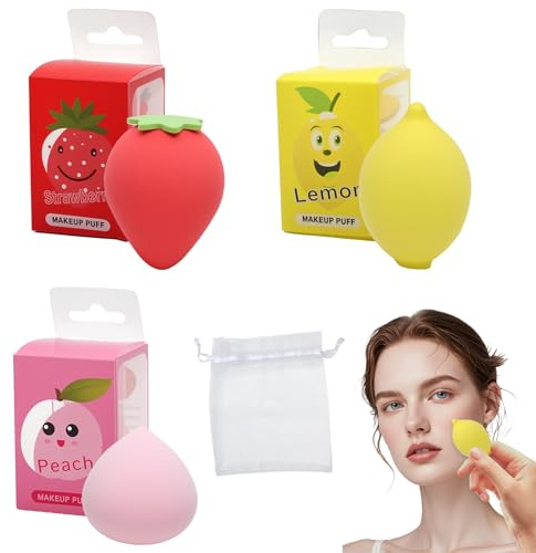 3 stycken makeupsvampar, set med sminksvampar, ansiktssvampar, skönhetsblandning, foundation, blandning, skönhet, sponge, felfri för vätska, kräm och pulver (citron, jordgubbe, persika)