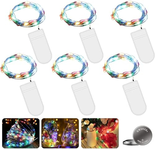 GAOUTO Lot de 6 guirlandes lumineuses LED à piles, 2 m, 20 LED, micro piles, fil de cuivre, blanc chaud, éclairage de Noël pour chambre, intérieur, Noël, extérieur, fête, mariage, bricolage
