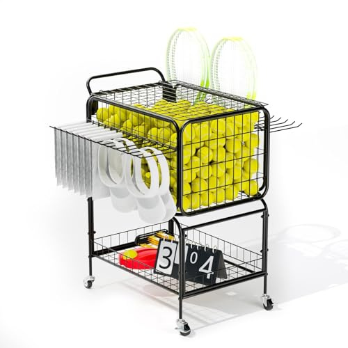 ztysn Carrito de tenis con ruedas – Canasta de pelotas de tenis para 350 pelotas Hopper para entrenamiento de tenis y raquetas
