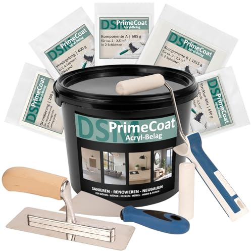 DSM PrimeCoat akrylbeläggning spackel för foglös dusch och bad – set med tillbehör för ca 4–5 m², M19 karamell, inkl. strukturblandning Easy Grov – för vägg, golv, möbler – mikrocement alternativ