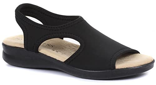 Pavers Women's Sling-Back Sandals in Black with D/E Wide Fit - Flat Shoes with Anti-Shock Insole - Ladies Stretchy Footwear - Size UK 6 / EU 39