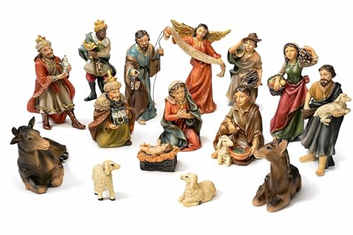 Faithful Treasure Juego de belén de 15 Piezas, Figuras pintadas a Mano para belén de Navidad, 10 cm de Alto.