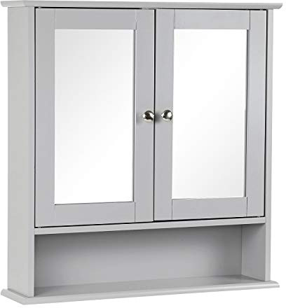 Taylor & Brown Double Door Mirrored Bathroom Cabinet Storage Cupboard Organiser Wall Mounted Mirror Cabinet with Adjustable Shelves, 56cm x 13cm x 58cm (Grey)