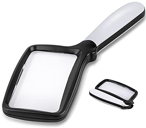 Folding Handheld Magnifying Glass with Light, 5X Large Rectangle Reading Magnifier with Dimmable LED for Seniors with Macular Degeneration, Newspaper, Books, Small Print, Lighted Gift for Low Visions