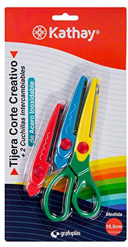 Kathay 86425000. Tijeras para manualidades, Corte Creativo, + 2 Cuchillas de Formas, 17cm, Acero Inoxidable