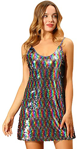 Allegra K Damen Glitzer Sparkle Verstellbare Träger Mini Party Pailletten Kleid, Regenbogenfarben, Klein