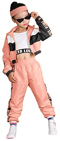 LOLANTA Conjunto de 3 piezas de ropa de hip hop para niñas, chándal retro de los años 80, camiseta sin mangas corta, chaqueta con cremallera y pantalones deportivos, Rosa, 6-7 años, 130