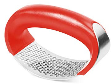 Presse-ail à bascule en acier inoxydable, hachoir à ail de qualité supérieure, design en arc avec prise en main confortable (rouge)
