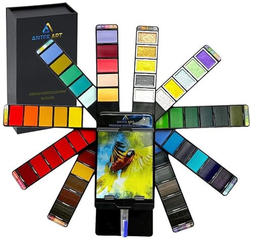 ANTEK ART Set de Peinture Aquarelle Premium (incl. Couleurs Metallisée Scintillantes, Étui Portable, Palette, Pinceau Réservoir D'eau), Idée Cadeau Artistes, Peintres (56 Couleurs)