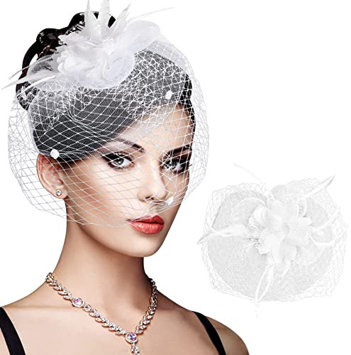 Damen Fascinator Hochzeit, Blume Feder Mesh Schleier Party Kopfschmuck, Hut Kirche Haarschmuck Braut Kopfschmuck, Cocktail Headwear für Damen Frauen (Weiss)