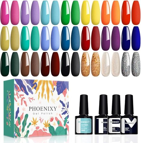 Phoenixy 21 Colores Pintauñas Semipermanentes con Base Top Coat Brillante y Mate 24PCS Esmalte Semipermanente para Uñas con Amarillo Verde Azul Kit de Esmaltes Uñas Semipermanentes