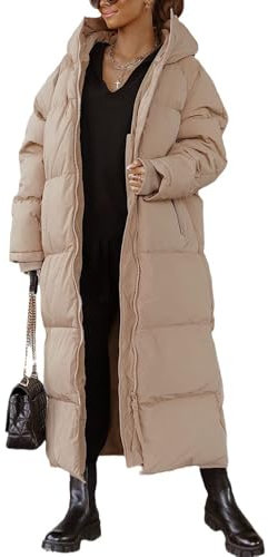 EsukAr Women Long Quilted Coat Hooded Maxi Length Long Sleeve Puffer Jacket Padded Coat Winter Outerwear,camel,M