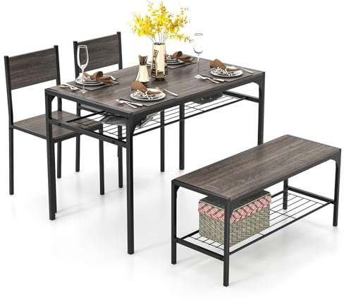COSTWAY Dining Table and 2 Chair Set with 1 Bench, Industrial Gathering Bench Set with Storage Rack, Metal Frame Dining Room Furniture for Home Kitchen (Grey Oak)