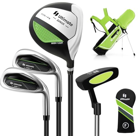 COSTWAY 4-teiliges Kinder Golfschläger Set, Rechtshand Golfschlägersätze mit Golftasche & Regenhaube, Komplettes Golf Set inkl. 7 Eisen, S Eisen, 3 Fairway & Putter für Kinder von 5-7 Jahren(Grün)
