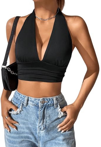 GORGLITTER Damen Crop Trägertop Halter Tops Neckholder Sommershirts Rückenfrei Oberteile Schwarz S