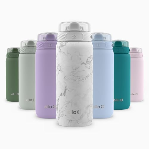 Ello Cooper 18oz Stainless Steel Water Bottle with Straw and Carry Handle, Double Walled and Vacuum Insulated Metal, Leak Proof Locking Lid with Soft Silicone Spout, Reusable, BPA Free, White Marble