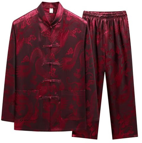 Oanviso Herren Leinenanzug Langarm Hemd und Hosen Set Traditionelle Kampfkunst Freizeitanzug Kung Fu Tai Chi Wushu Chinesische Zweiteiler Set Training Uniform Kleidung Baumwolle Anzug B Rot M