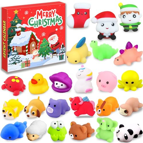 Chennyfun Mochi Squishies Adventskalender 2024 Weihnachts Countdown,24 Pcs Mochi Mini Weihnachten Squeeze Spielzeug,24 Tage Countdown Adventskalender, Mini Squishy Kawaii Set für Kinder und Erwachsene