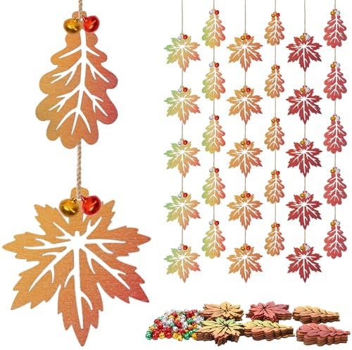 HAKOTOM 30 Stück Ahornblatt Holz Anhänger Herbst Hängende Deko Herbstblatt Holzanhänger Herbstliche Ornamente Herbstanhänger Herbstdekorationen für Herbstzeit Herbstkranz