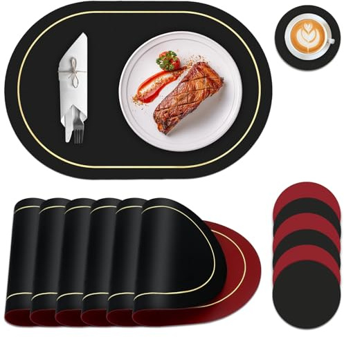 Placemats and Coaster Sets 6 | Dual-Sided Faux Leather Place Mats for Table 6 | Non-Slip Heat Resistant Wipeable Place Mat | Oval Dining Table Mats Set of 6 for Christmas Indoor Outdoor | Black&Red