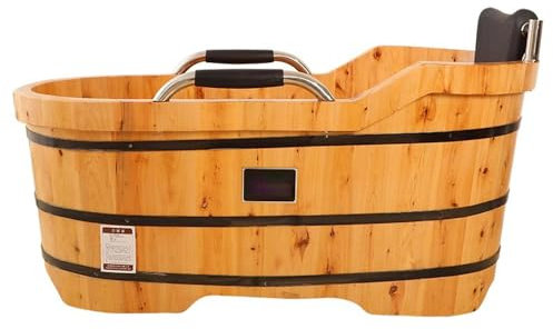ZCBYBT Mobile Spa Deep Soaking Tub Japanese Style Solid Wood Soaking Tub Free Standing Wooden Bathtub with Armrest,140cm