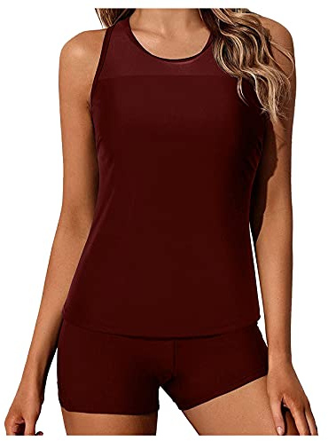 Maillots de bain pour femme - Short et haut - Maillot de bain avec short - Tankinis - Short de bain long pour femme, bordeaux, XXL