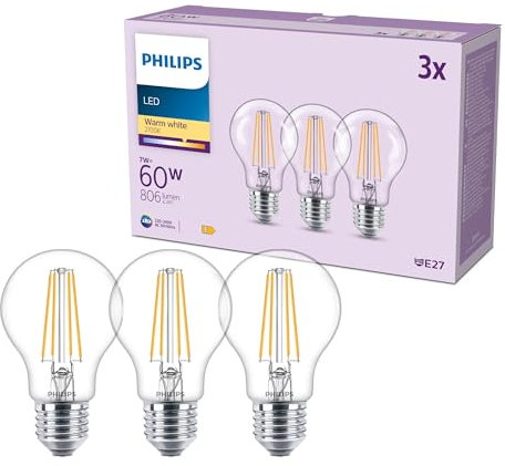 Bombilla LED Philips Classic A60, 60 W, incolora, casquillo E27, blanco cálido 2700 K, paquete de 3