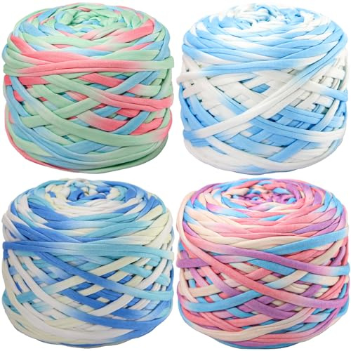 SIMEIQI 4 PCS T-Shirt Yarn Elastic Fabric Crochet Cloth Yarn for DIY Knitting, Spaghetti Thick Knitting for Hand DIY Bag Basket Cushion Crocheting Projects,Home Decor Flower A