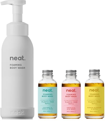 Neat Foaming Body Wash Discovery Kit (1 Refillable Bottle 500ml + 3 Refills 50ml each) – Dermatologically Approved Shower Gel & Liquid Soap Set for Men & Women – Bodywash Suitable for Sensitive Skin