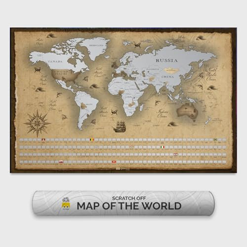 Giallobus - Mappa del mondo da grattare - Scratch off map - Carta Patinata - 68L x 43,5l cm - 02 - Mappa del tesoro - Idee regalo - Grattabile con bandiere - argento