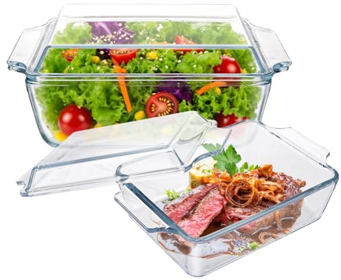 YAYODS 2 fuentes de cristal con tapa – 1000/1500 ml – Juego de cazuelas rectangulares – Utensilios microondas Lasaña de cristal – Molde para horno de cristal con asas – Cuenco de cristal para ensalada