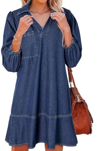 XQR Women's Collared V Neck Denim Dress 3/4 Sleeve Casual Loose Babydoll 2025 Short Jean Dress (Large, DarkBlue)
