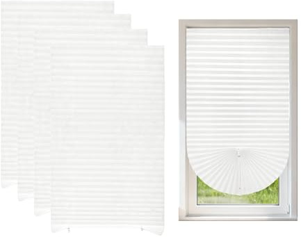 4PCS Thermal temporary Stick On Window Blinds, No Drill Non-woven Cut-To-Size, Self Adhesive Light Filter Easy Cut Light Filtering Pleated Shades For Home, White60*150CM, Includes Clips & Accessories