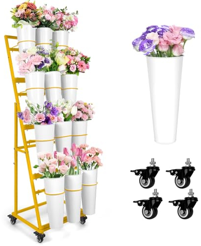 ZpigToor Soporte de exhibición de flores con 12 cubos, barra de flores de 4 niveles con ruedas, soporte de exhibición de carrito de flores para floristería, jardín, boda, decoración del hogar (dorado)