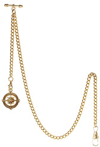 TREEWETO Men's Albert Chain Pocket Watch Curb Link Key Chain 2 Hooks with Antique Compass Glod Pendant Design Charm Fob T Bar