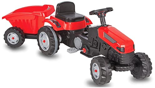 JAMARA 460825 - Tractor a Pedales Strong Bull con Remolque, protección antivuelco, accionamiento Mediante pedaleos, Sistema de Volante Suave, Asiento Ajustable, claxon, Peso máximo 60 kg