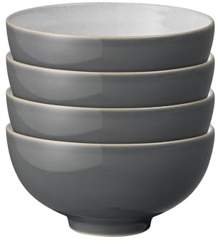 Denby - Elements Fossil Grey Rice Bowls Set of 4 - Dishwasher Microwave Safe Crockery 480ml 13cm - Dark Grey, White Ceramic Stoneware Tableware - Chip & Crack Resistant Soup Bowls