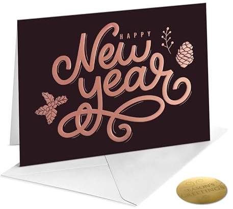easykart labels 18 Happy New Year Cards with Envelopes | Dark Brown Designs with Rose Gold Foiling & Embossing | 7.25 x 5.5 Inch New Year Wishes Cards with Seal Stickers For Friends , Family and loved Ones