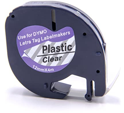 vhbw Schriftband-Kassette kompatibel mit Dymo LetraTag XR, XM Etiketten-Drucker 4m x 12mm Schwarz auf Transparent