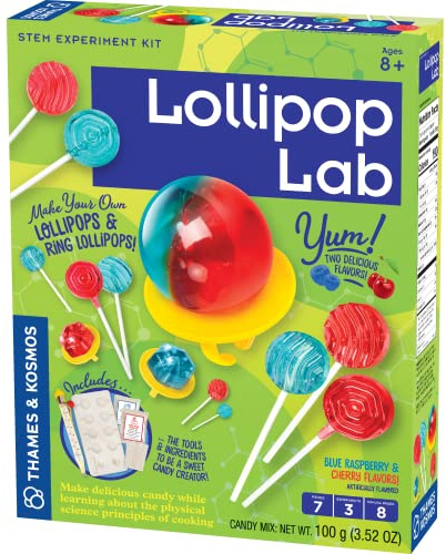 Thames & Kosmos Lollipop Lab | STEM Experiment & Activity Kit | Make Yummy Red Cherry and Blue Raspberry Lollipops & Ring Lollipops! | Explore Chemistry & Math | Includes Real Candy Thermometer