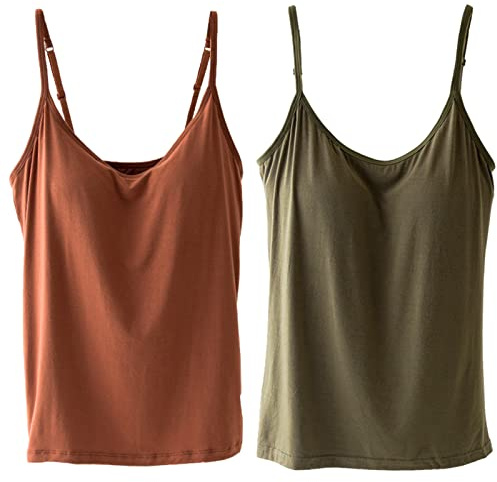 JK Home Lot de 2 Camisole Femme Soutien-Gorge Intégré Débardeur Bretelle T-Shirt sans Manches Marron/Vert 78cm