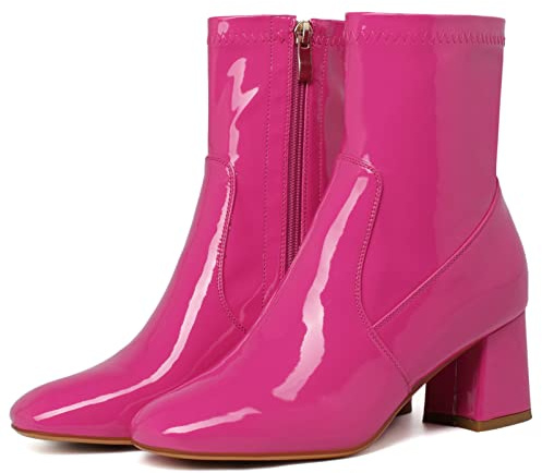 KysBloes Women Patent Leather GOGO Boots Square Toe Chunky Heel Ankle Boots Side Zip Block Heel Winter Booties(Hot pink,US size 9)