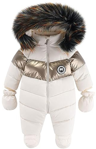 L SERVER Combinaisons de Neige Bébé Fille Polaire Epais Vêtements de Ski Garçon Chauds Coupe-vent Combinaison Pilote à Col Fourrure Capuche Jumpsuit avec Gants, Blanc, 9-12 mois