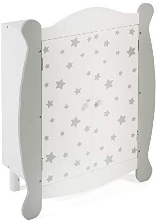 Bayer Chic 2000 - Puppenkleiderschrank mit Kleiderstange und Kleiderbügel, Puppenschrank, Puppenmöbel, Stars grau, 22 x 46 x 59 cm