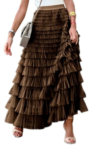 seiveini Falda Larga de Tul de Múltiples Capas Mujer Elegante Maxi Falda de Tul Ballet con Cintura Elástica Vintage Falda de Princesa A línea para Carnaval Fiesta Bodas Falda de Verano A Marrón M